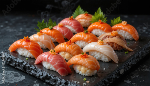 An assortment of sushi including nigiri with salmon, tuna and caviar, garnished with wasabi and flowers, on a textured black stone surface highlighting fresh, vibrant colors
