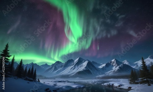 Snowy aurora borealis display in the night sky,  cosmic,  northern lights