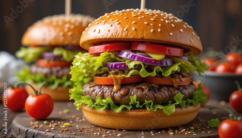 Close-up of a delicious cheeseburger with fresh lettuce, tomato, onion, melted cheese, and a sesame seed bun, presented on a rustic wooden surface, highlighting its vibrant colors and textures