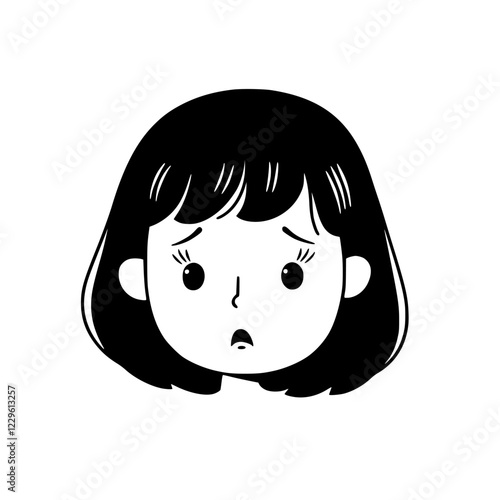 Illustration of a worried girl with short black hair and expressive eyes showing concern in a minimalist style