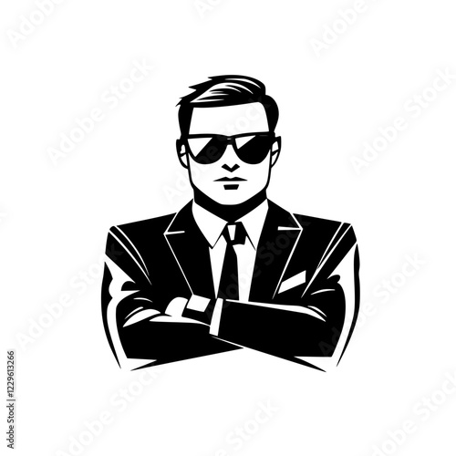 Confident man in a suit wearing sunglasses stands with arms crossed