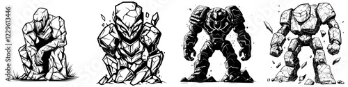 Unique collection of abstract rock humanoids in various poses created with a monochrome illustration style photo