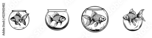 Intricate illustrations of goldfish in various bowls showcasing distinct features and designs