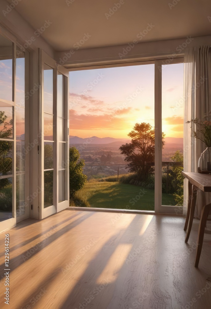 Fototapeta premium Soft morning light pours into the room through a window with a serene sunset view background, window, serene, morning light