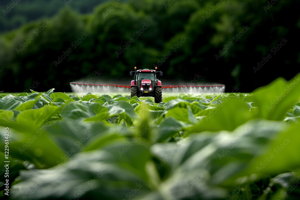 Red Tractor Spraying Crops in Lush Green Field Red Tractor Spraying Crops in Lush Green Field