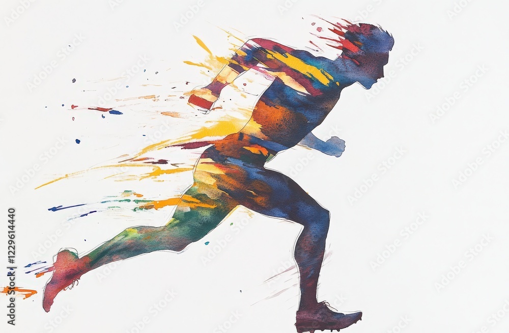 Obraz premium A vibrant and colorful painting depicting a man running on a white background