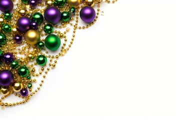 Colorful mardi gras beads and ornaments arranged on a white background create a festive corner border, perfect for holiday projects