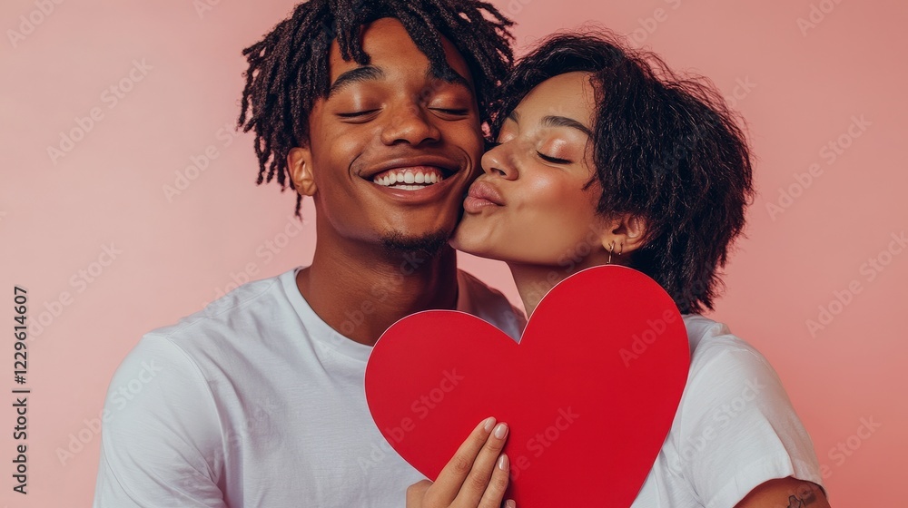 Couple sharing romantic moment with heart-shaped prop on pink background, celebrating love and affection in relationship, happiness and connection in photography. Couple sharing romantic moment with heart-shaped prop on pink background, celebrating love and affection in relationship, happiness and connection in photography.