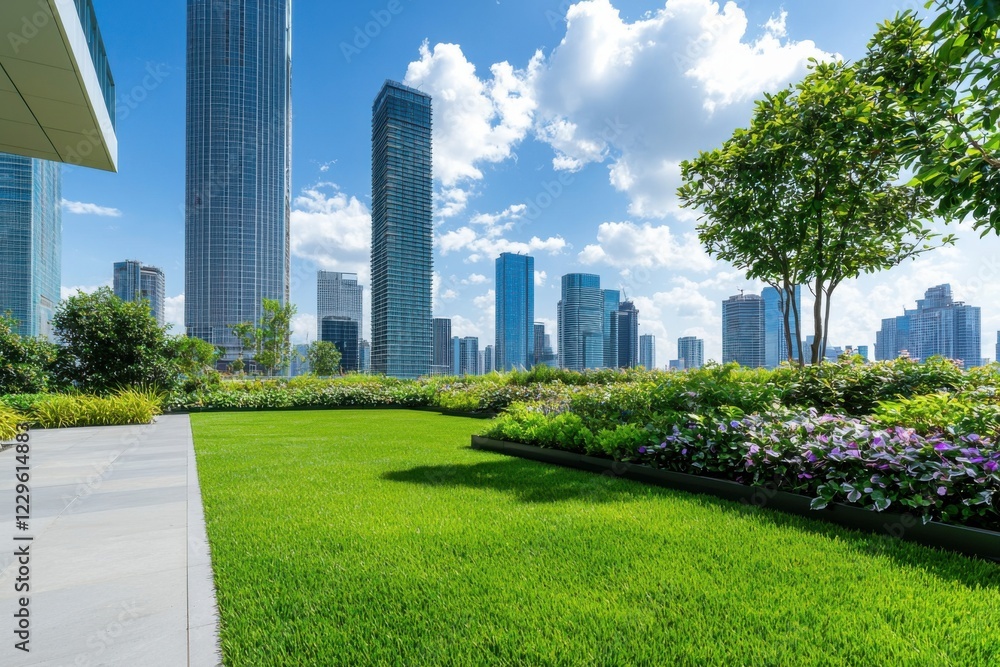 Obraz premium Urban green spaces modern skyscrapers and vibrant gardens cityscape nature daylight serenity
