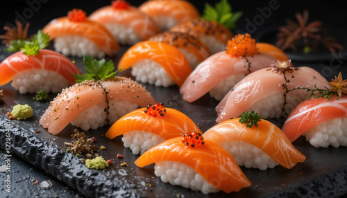 An assortment of sushi including nigiri with salmon, tuna and caviar, garnished with wasabi and flowers, on a textured black stone surface highlighting fresh, vibrant colors