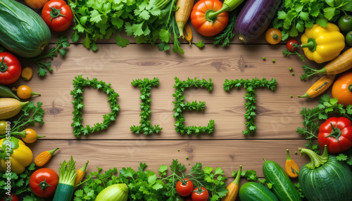 Diet spelled out with fresh green leafy herbs surrounded by a vibrant assortment of vegetables on a wooden surface, emphasizing healthy eating