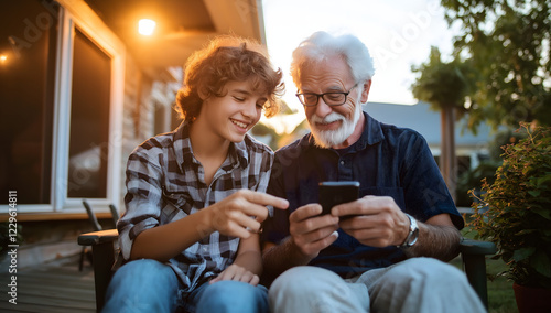 A teenage grandson teaches his elderly grandfather to use a smartphone, sharing family photos and videos on a warm summer day while sitting on the porch.