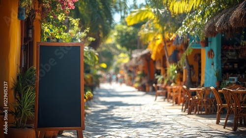 Charming street lined with colorful buildings and vibrant greenery in a sunny village. photo