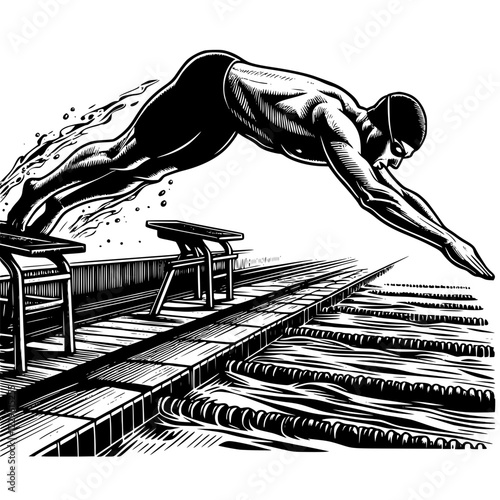 Black and white drawing of a swimmer jumping into the pool