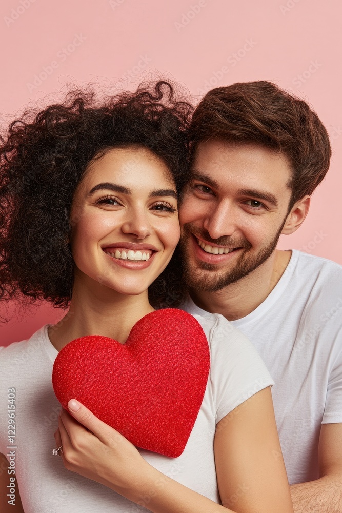 Couple, smiling and holding a red heart-shaped cushion on pink background for Valentines Day celebration, love, romance, and relationship concepts in photography. Couple, smiling and holding a red heart-shaped cushion on pink background for Valentines Day celebration, love, romance, and relationship concepts in photography.
