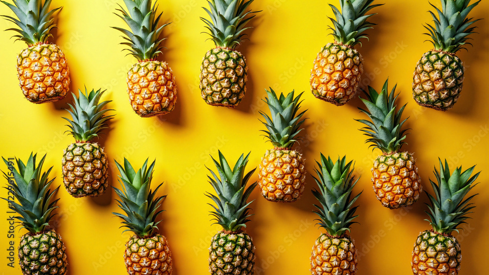 Vibrant Pineapple Pattern on Sunny Yellow Background for Summer-Themed Promotions, Tropical Ads, and Creative Packaging Designs Vibrant Pineapple Pattern on Sunny Yellow Background for Summer-Themed Promotions, Tropical Ads, and Creative Packaging Designs