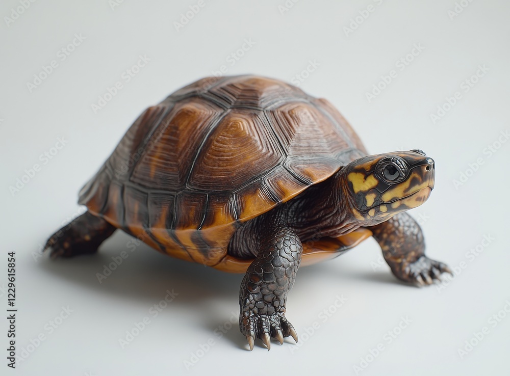 Fototapeta premium Close-up View of a Beautiful Turtle with Unique Shell Patterns and Textures on a Light Background, Perfect for Nature and Wildlife Themes
