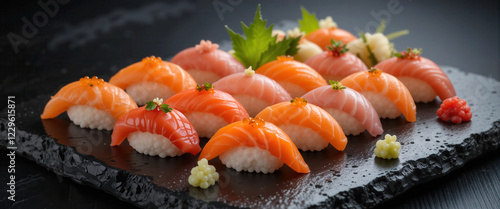 An assortment of sushi including nigiri with salmon, tuna and caviar, garnished with wasabi and flowers, on a textured black stone surface highlighting fresh, vibrant colors