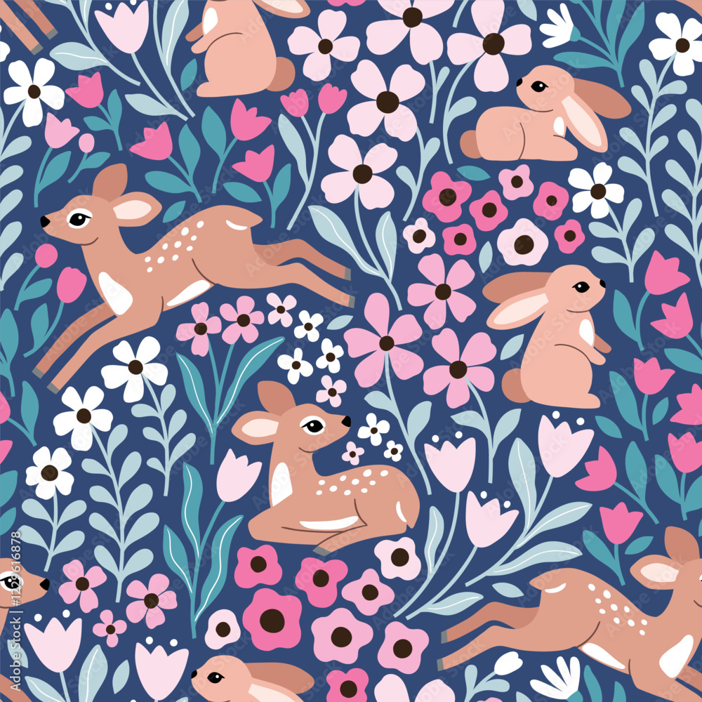 Fototapeta premium Seamless vector pattern with cute fawn and rabbit on floral background. Hand drawn woodland illustration. Perfect for textile, wallpaper or print design. EPS10 vector file.