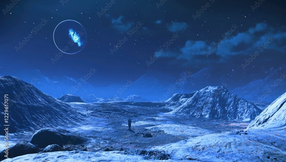 A Lone Figure Under a Celestial Orb on an Alien Planet A Lone Figure Under a Celestial Orb on an Alien Planet