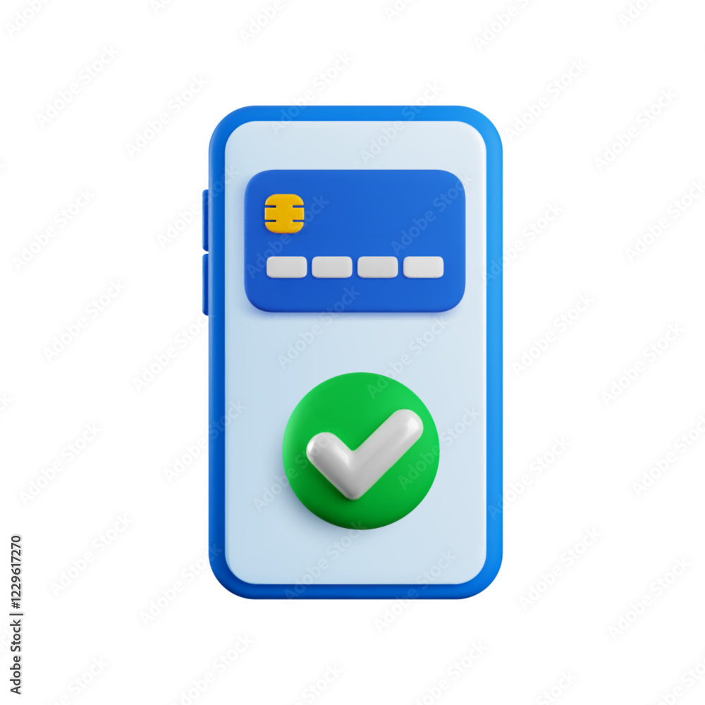 Vector cartoon 3d Confirm Mobile Payment concept. 3d render credit card, green check mark on smartphone screen. Approved online purchase, successful payment banner. Verified money transfer transaction Vector cartoon 3d Confirm Mobile Payment concept. 3d render credit card, green check mark on smartphone screen. Approved online purchase, successful payment banner. Verified money transfer transaction