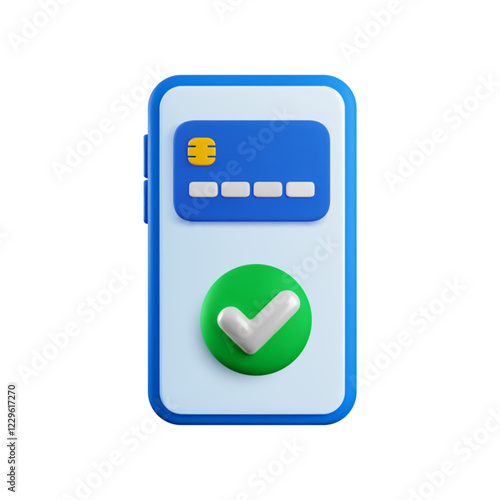 Vector cartoon 3d Confirm Mobile Payment concept. 3d render credit card, green check mark on smartphone screen. Approved online purchase, successful payment banner. Verified money transfer transaction