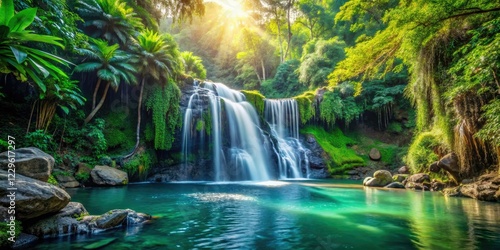 High-resolution image: Serene waterfall cascading through a lush, vibrant tropical forest.