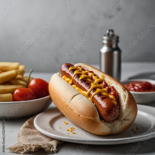 hot dog with mustard Perro caliente con pepinillos, mostaza y ketchup servido con papas fritas y una bebida en un restaurante. Cocina estadounidense clásica y sabrosa.

 photo