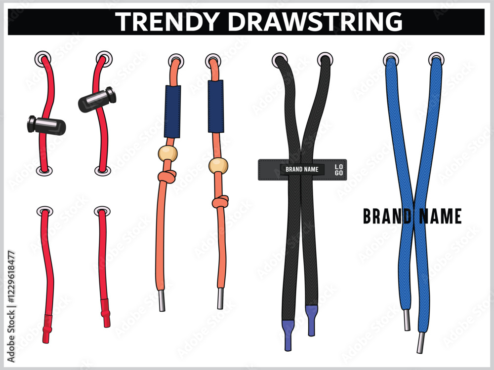 SET OF DRAW STRING WITH AGLETS FOR WAIST BAND, BAGS, SHOES, JACKETS, SHORTS, PANTS, DRESS GARMENTS, DRAWCORD AGLETS FOR CLOTHING AND ACCESSORIES VECTOR SET OF DRAW STRING WITH AGLETS FOR WAIST BAND, BAGS, SHOES, JACKETS, SHORTS, PANTS, DRESS GARMENTS, DRAWCORD AGLETS FOR CLOTHING AND ACCESSORIES VECTOR