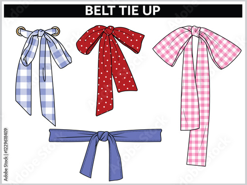 SET OF SELF FABRIC BELT TIE KNOT FOR WAIST BAND, BAGS, SHOES, JACKETS, SHORTS, PANTS, DRESS GARMENTS, DRAWCORD AGLETS FOR CLOTHING AND ACCESSORIES VECTOR ILLUSTRATION