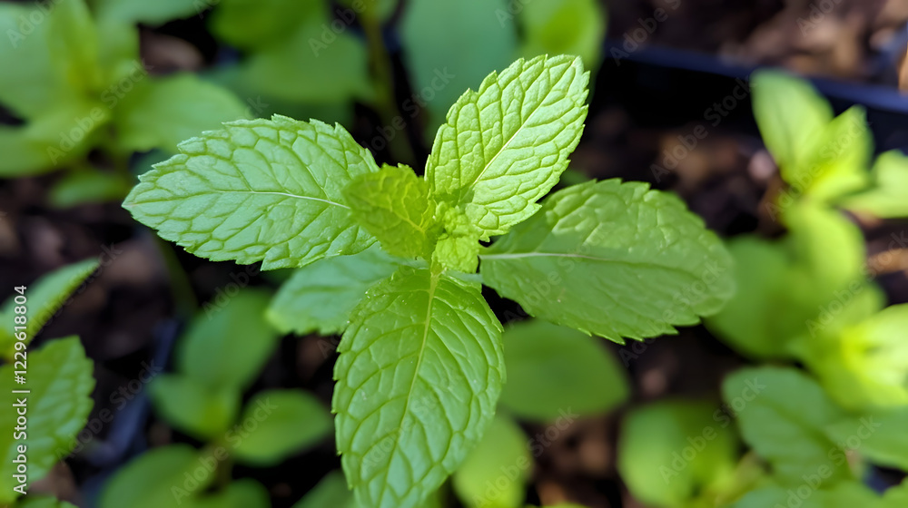 Fresh Mint Sprig with Bright Serated Leaves Capturing Nature's Essence Fresh Mint Sprig with Bright Serated Leaves Capturing Nature's Essence