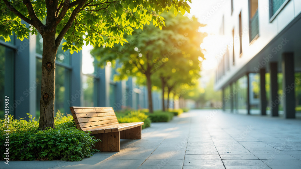 Modern Eco-Office with Vibrant Green Tree and Relaxation Bench Under Sunny Sky, Ideal for Green Architecture and Workplace Wellness Promotions Modern Eco-Office with Vibrant Green Tree and Relaxation Bench Under Sunny Sky, Ideal for Green Architecture and Workplace Wellness Promotions