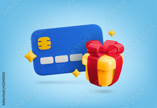 Vector cartoon 3d Loyalty program banner. Realistic 3d render blue credit card with festive gift box. Bonus card, discount coupon, cashback concept for online payment, e-banking app, customer reward.