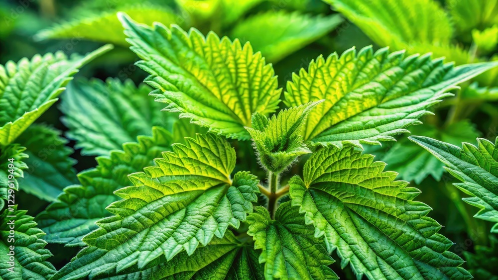 Fototapeta Intricate details of stinging nettle (Urtica dioica): vibrant green leaves, microscopic hairs, botanical artistry.