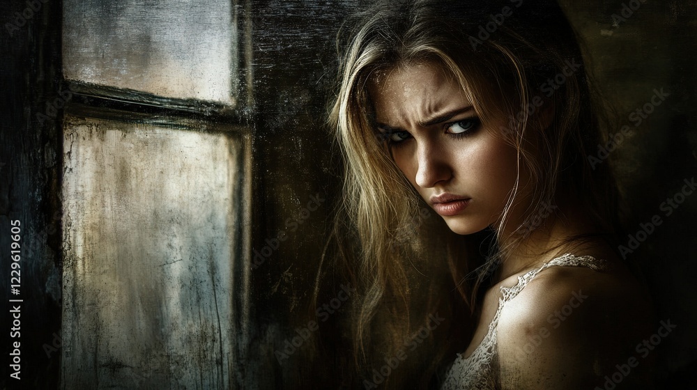 Fototapeta premium Depression woman crying by the window, light streaming through, expressing deep emotions