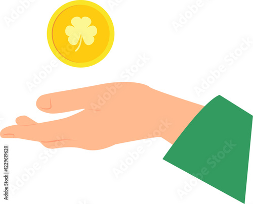 Gold coin with shamrock image above outstretched palm of hand wearing in green sleeve. Vector illustration with transparent background