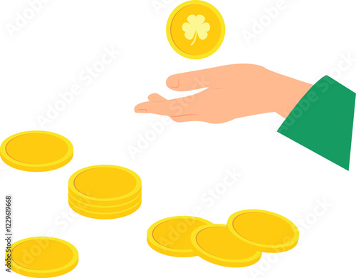 Hand wearing green sleeve holding gold coin with shamrock image on the backgound of scattered gold coins. Vector illustration with transparent background.