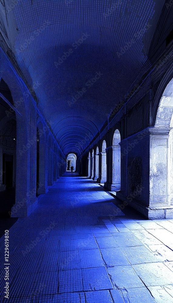 Fototapeta premium Blue Hallway, Empty Corridor with Stone Columns, Classic Architecture and Interior Design Elements