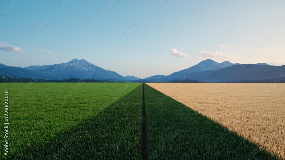 Fototapeta premium Contrast of lush green and golden fields mountain landscape nature photography daytime aerial view seasonal change