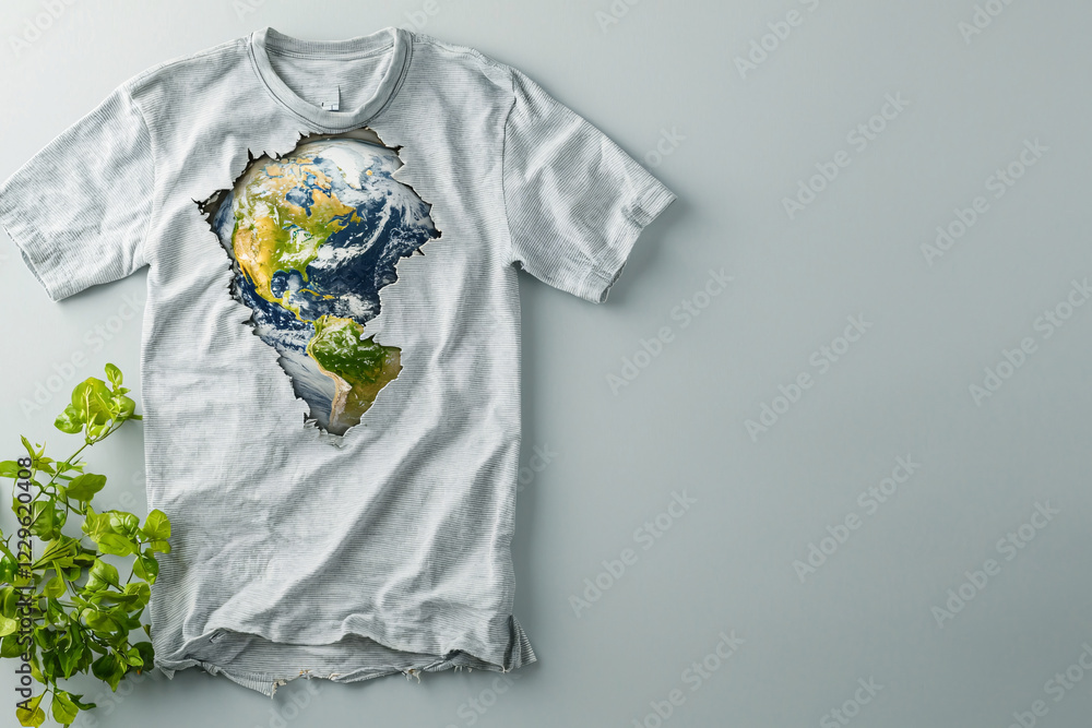 torn shirt revealing Earth underneath, symbolizing environmental awareness and connection to planet. design features detailed globe, emphasizing nature and sustainability