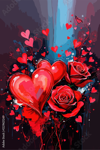 Abstract My Beautiful Valentine Image Series - 3D Love Depicted in Red Roses and Hearts Arrangement