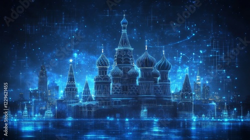 Saint Basil s Cathedral, Moscow, Russia. Digital Network Outline on Dark Blue Background