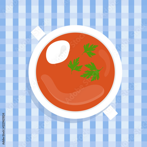 Bowl of borscht garnished with sour cream and parsley leaves. Traditional ukrainian or russian dish. Beetroot soup concept isolated on checkered tablecloth.