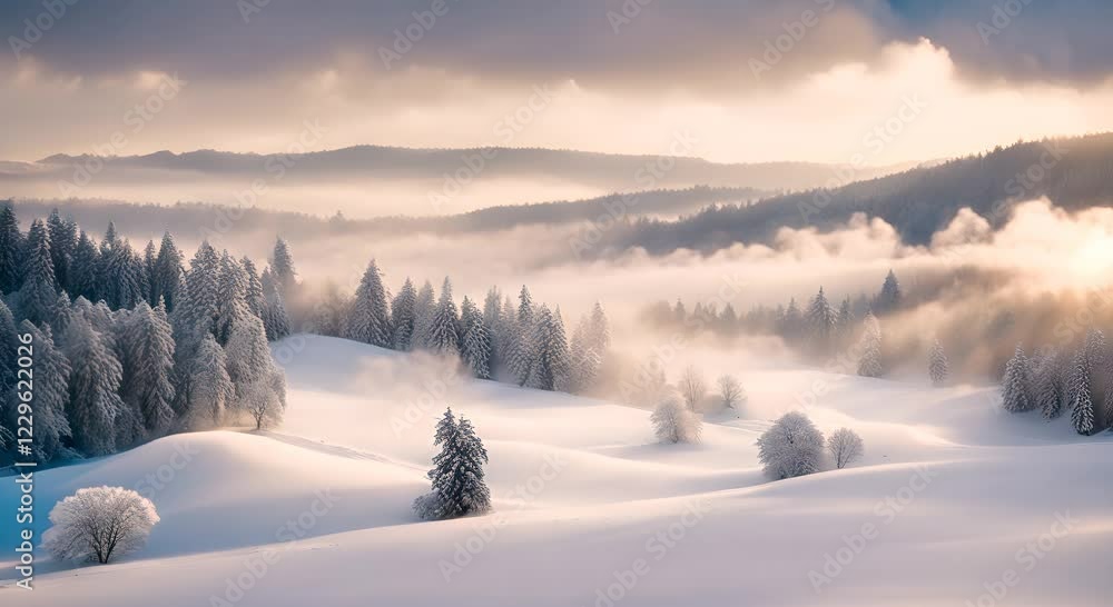 Winter Sunrise Over Foggy, Snow Covered Forest Winter Sunrise Over Foggy, Snow Covered Forest
