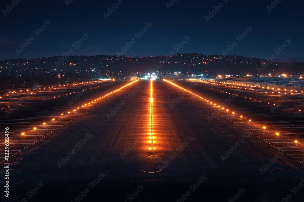 Obraz premium Illuminated runway at night city skyline background