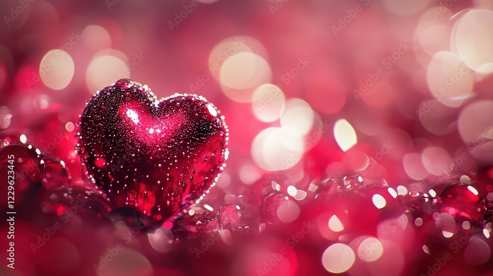 Heart shape with droplets on it surrounded by glittering red and pink bokeh lights. Romantic theme for love, Valentines Day, and special occasions. Heart shape with droplets on it surrounded by glittering red and pink bokeh lights. Romantic theme for love, Valentines Day, and special occasions.