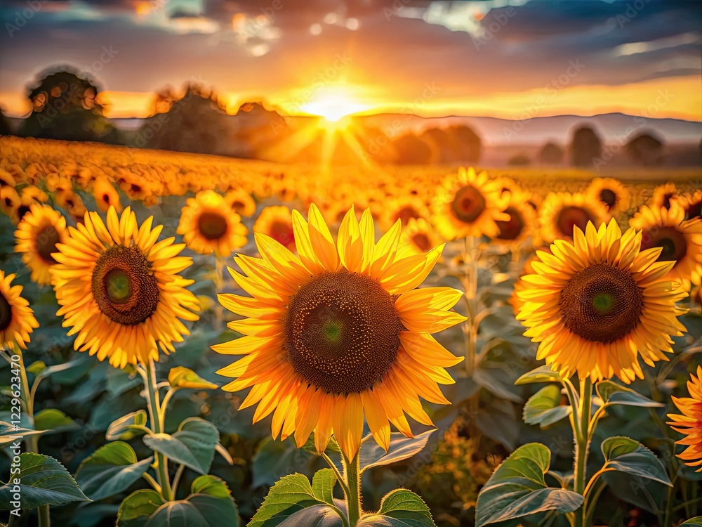 Fototapeta premium Miniature sunflower field bathed in magical sunrise; tilt-shift effect creates a whimsical, dawn landscape.