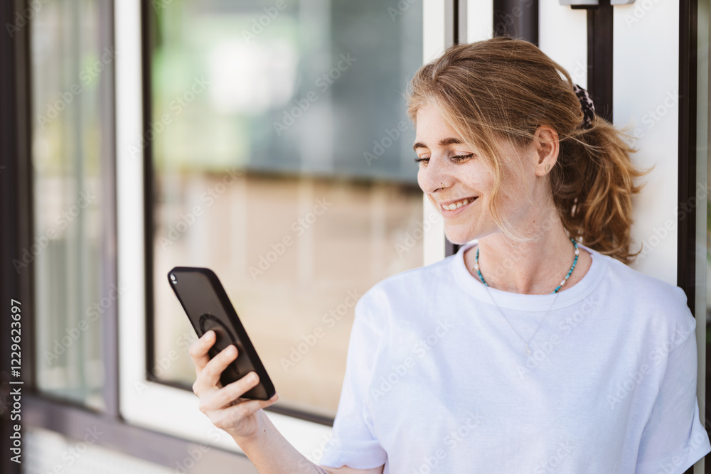Smiling Young Woman Checking Her Smartphone Smiling Young Woman Checking Her Smartphone