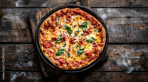 Chicago Style Deep Dish Pizza on Rustic Wooden Table with Savory Layers of Cheese, Sauce, and Toppings, Ideal for Food Lovers and Pizza Enthusiasts photo