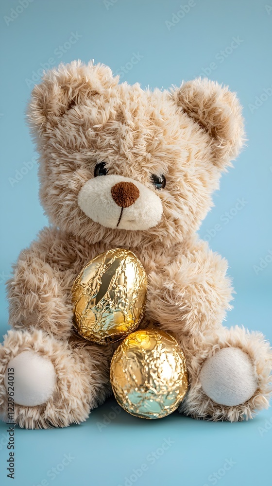 Fototapeta premium Studio product shot of a cute teddy bear holding a chocolate Easter egg